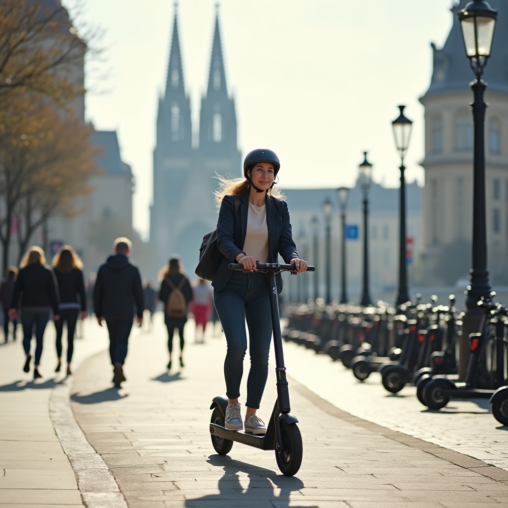 E-Scooter Nutzer in der Kölner Innenstadt zwischen Fußgängern