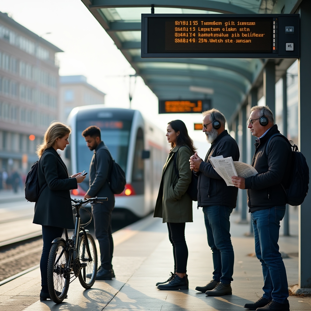 Verschiedene Menschen an einer Haltestelle – Pendler, Radfahrer und Fußgänger in einer deutschen Großstadt