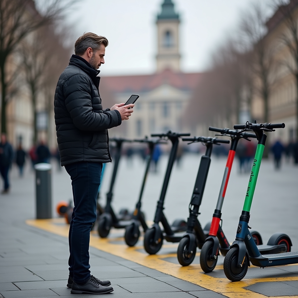 E-Scooter Sharing Station in München mit mehreren abgestellten Rollern