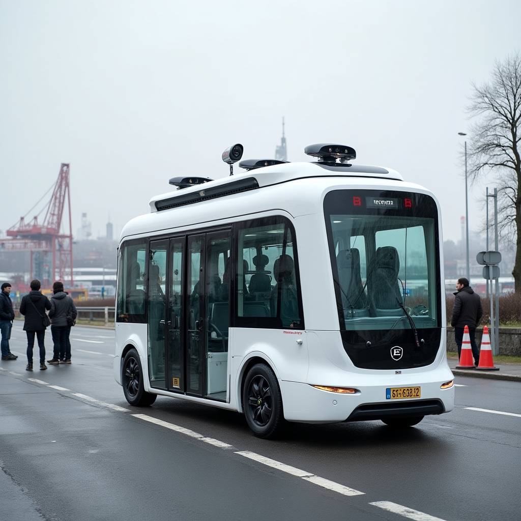 Autonomer Shuttle-Bus auf einer Hamburger Stadtstraße im Testbetrieb