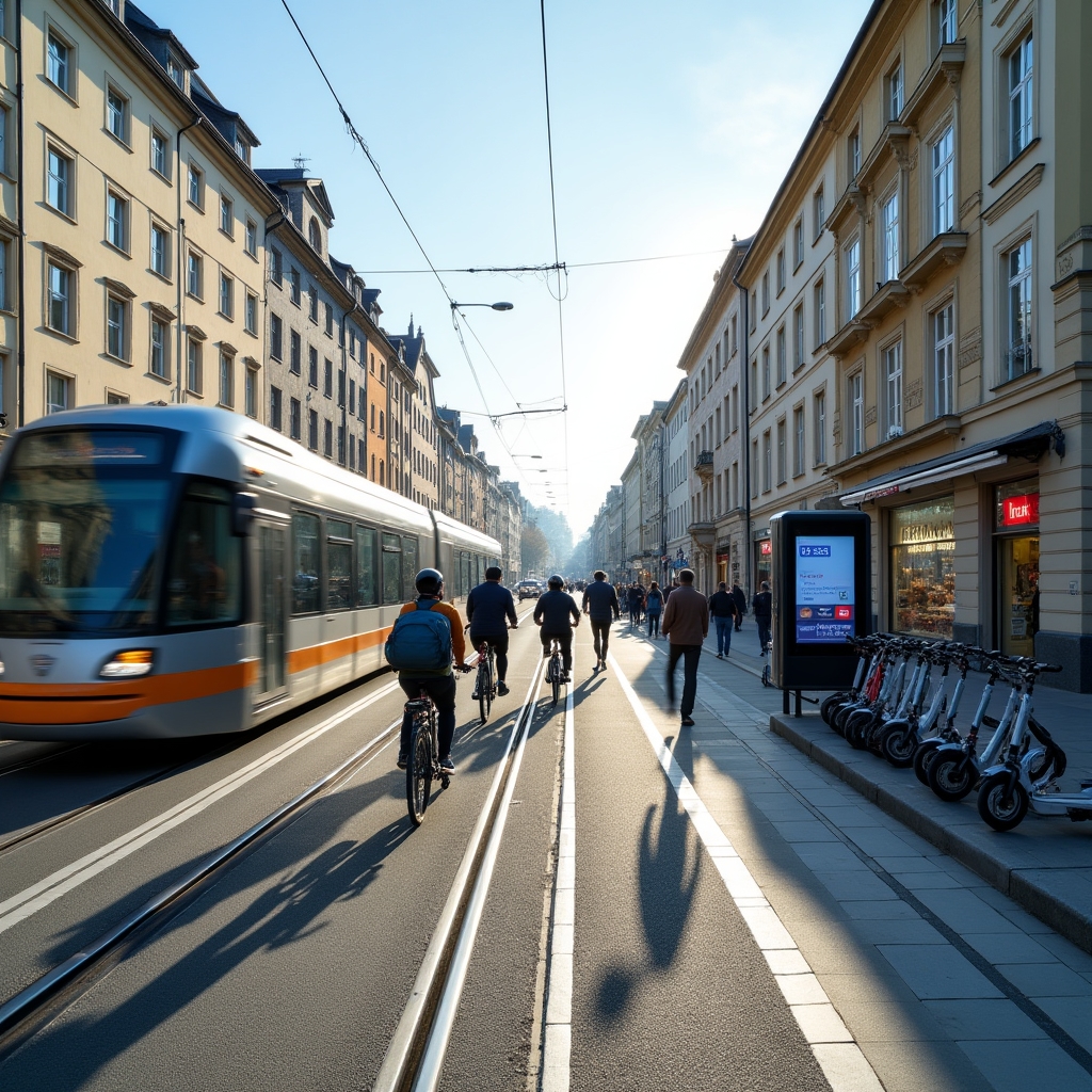 Münchner Straße mit Fahrradweg, Straßenbahn und Fußgängern